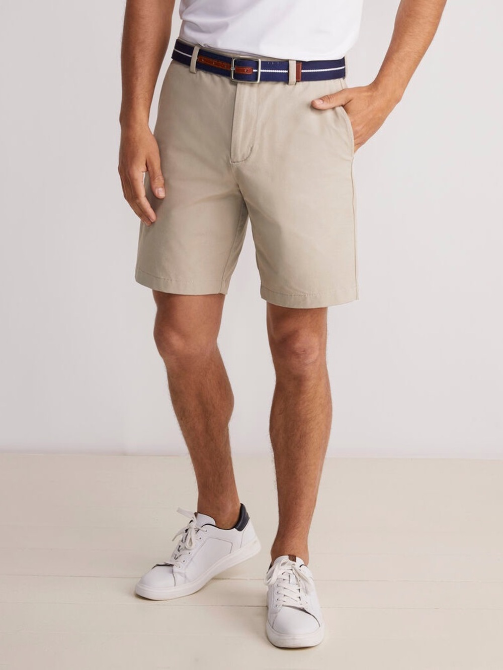 Vineyard Vines On-The-Go Performance Stretch shorts in a stone beige color.